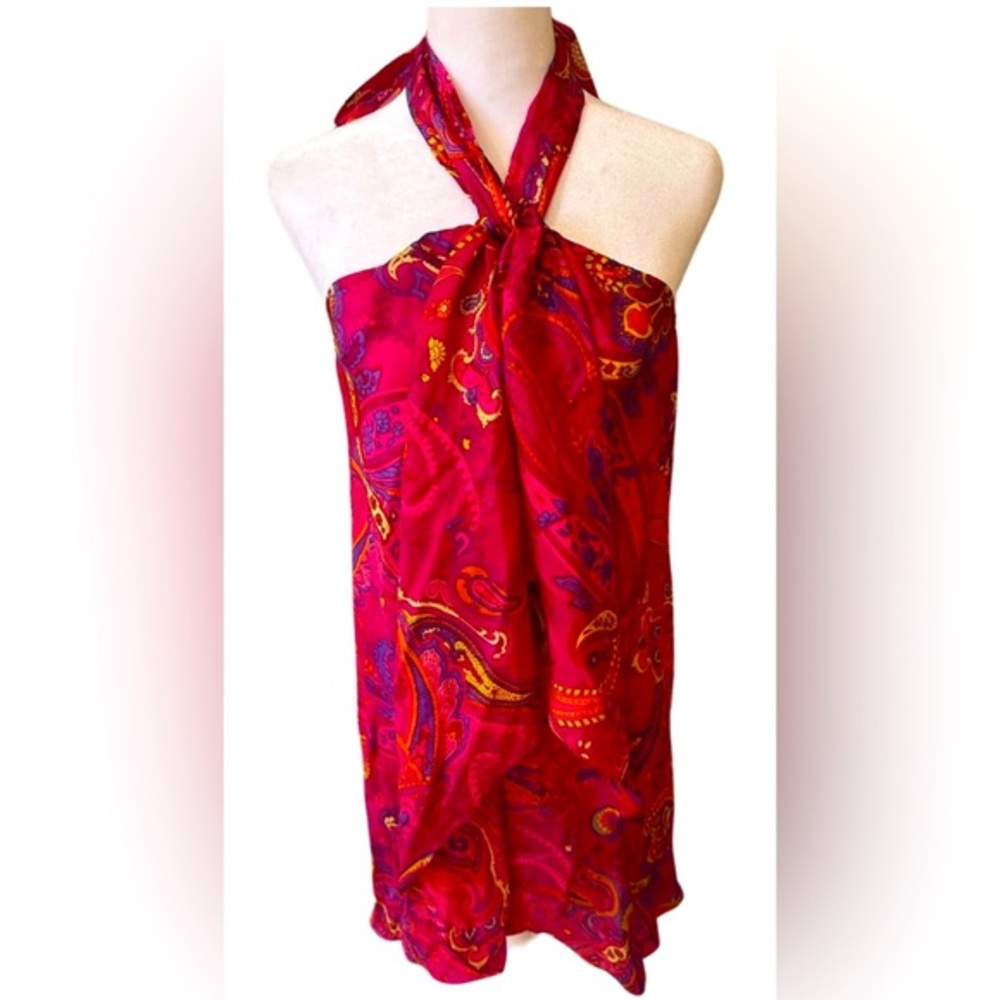 Ralph Lauren GORGEOUS Fuchsia Paisley Tie Halter 100% Silk Ruffle Front-Sz Small